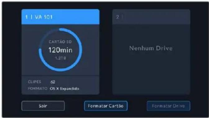 1 | VA 101 CARTÃO SD 120min 1.2TB CLIPES 62 FORMATO OS X Expandido Nenhum Drive Sair Formatar Cartão Formatar Drive