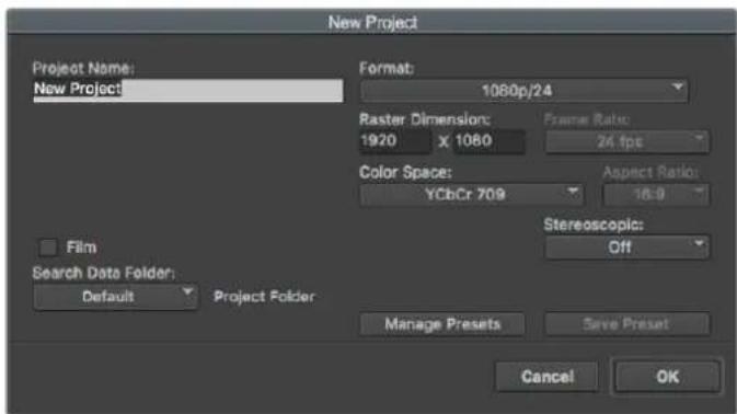 New Project Project Name: New Project Format: 1080p/24 Raster Dimension: 1920 x 1080 Frame Ratio: 24 fps Color Space: YCb/Cr 709 Aspect Ratio: 16:0 Film Search Data Folder: Default Project Folder Stereoscopic: Off Manage Presets Save Preset Cancel OK