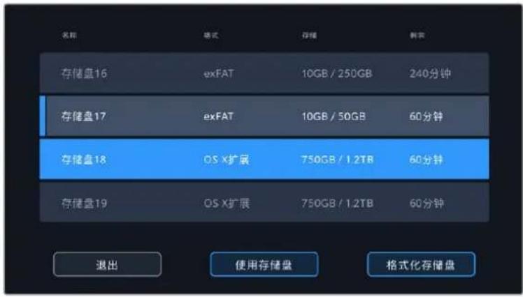 名称 格式 存储 剩余 存储盘16 exFAT 10GB / 250GB 240分钟 存储盘17 exFAT 10GB / 50GB 60分钟 存储盘18 OS X扩展 750GB / 1.2TB 60分钟 存储盘19 OS X扩展 750GB / 1.2TB 60分钟 退出 使用存储盘 格式化存储盘