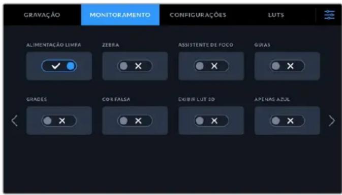 GRAVAÇÃO MONITORAMENTO CONFIGURAÇÕES LUTS ALIMENTAÇÃO LIMPA ZEBRA ASSISTENTE DE FOCO GUIAS GRADES COR FALSA EXIBIR LUT 3D APENAS AZUL
