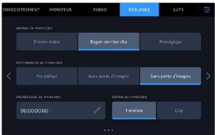 ENREGISTREMENT MONITEUR AUDIO REGLAGES LUTS ENTREE DU TIMECODE Entree vidéo Regen dernier clip Préréglage PREFÉRENCES DU TIMECODE Par défaut Avec perte d'images Sans perte d'images PRERÉGLAGE DU TIMECODE SORTIE DU TIMECODE 00:00:00:00 Timeline Clip