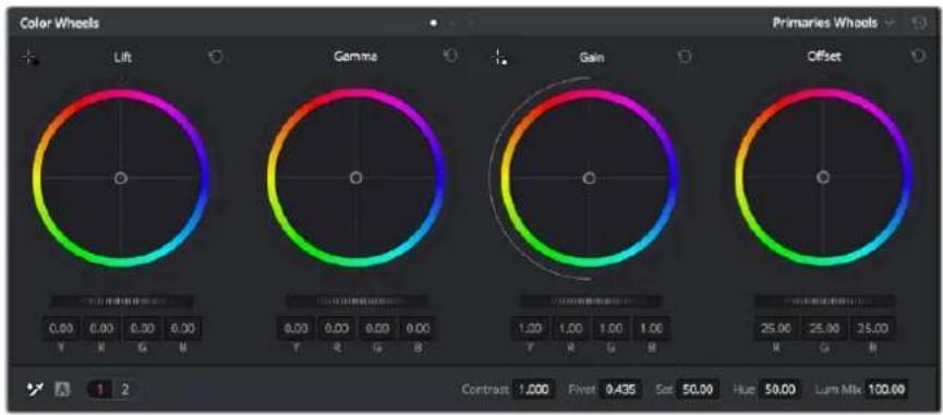 Color Wheels Lift Primaries Wheels Gamme Gain Offset 0.00 0.00 0.30 0.00 Y R G M 1.00 1.00 1.00 1.00 Y R G B 25.00 25.00 25.00 R G B Contrast: 1.000 Pivot 0.435 Sat 50.00 Hue 50.00 Lum Mix 100.00