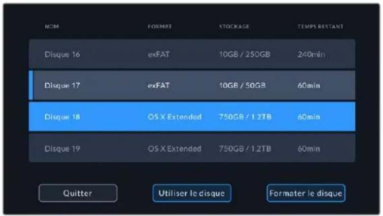 NOM FORMAT STOCKAGE TEMPS RESTANT Disque 16 exFAT 10GB / 250GB 240min Disque 17 exFAT 10GB / 50GB 60min Disque 18 OS X Extended 750GB / 1.2TB 60min Disque 19 OS X Extended 750GB / 1.2TB 60min Quitter Utiliser le disque Formater le disque