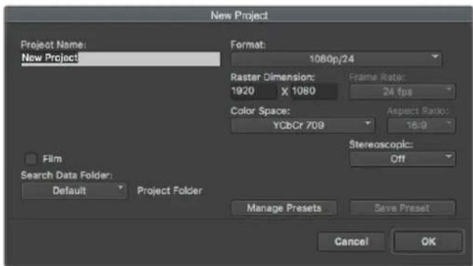 New Project Project Name: New Project Format: 1080p/24 Raster Dimension: 1920 X 1080 Frame Rate: 24 fps Color Space: YCbCr 709 Aspect Ratio: 15:0 Film Search Data Folder: Default Project Folder Stereoscopic: Off Manage Presets Save Preset Cancel OK