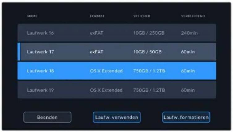 NAME FORMAT SPECHER VERELEIBEND Laufwerk 16 exFAT 10GB / 250GB 240min Laufwerk 17 exFAT 10GB / 50GB 60min Laufwerk 18 OS X Extended 750GB / 1.2TB 60min Laufwerk 19 OS X Extended 750GB / 1.2TB 60min Becenden Laufw. verwenden Laufw. formatieren