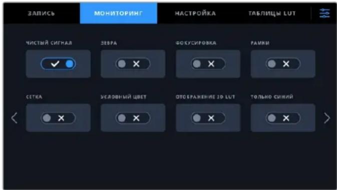 ЗАПИСЬ МОНИТОРИНГ НАСТРОЙКА ТАБЛИЦЫ LUT ЧИСТЫЙ СИГНАЛ ЗЕВРА ФОКУСИРОВКА РАМКИ СЕТКА УСЛОВНЫЙ ЦВЕТ ОТО БРАЖЕНИЕ 3D LUT ТОЛЬНО СИННИЙ