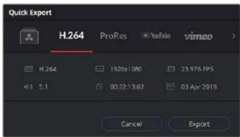 Quick Export H.264 ProRes YouTube vimeo H.264 1920x1:080 23.976 FPS 5.1 00:22:13:02 03 Apr 2019 Cancel Export