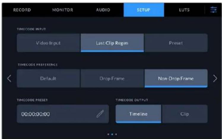 RECORD MONITOR AUDIO SETUP LUTS TIMECODE INPUT Video Input Last Clip Regen Preset TIMECODE PREFERENCE Default Drop Frame Non-Drop Frame TIMECODE PRESET 00:00:00:00 TIMECODE OUTPUT Timeline Clip