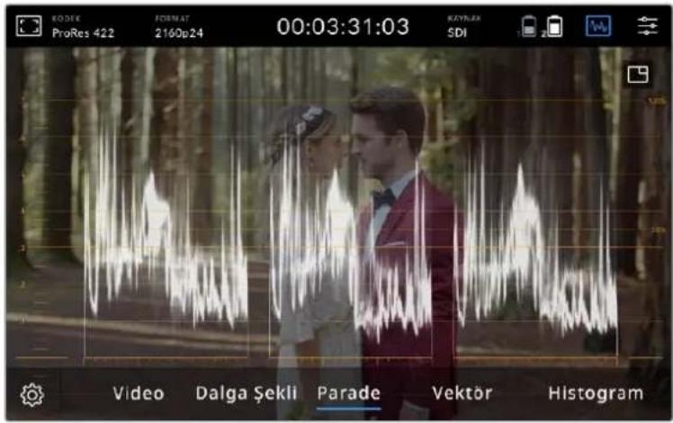 KODEK ProRes 422 FORMAT 2160p24 00:03:31:03 KAYNAK SDI Video Dalga Şekli Parade Vektör Histogram