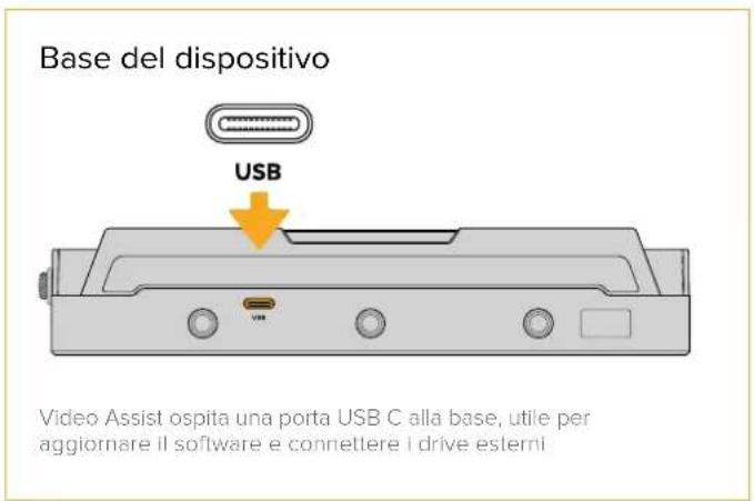 Base del dispositivo USB Video Assist ospita una porta USB C alla base, utile per aggiornare il software e connettere i drive esterni