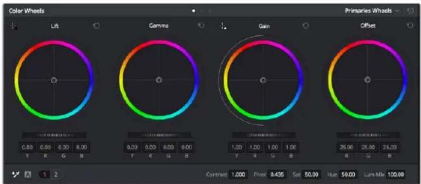 Color Wheels Lift Primaries Wheels Gemine Gain Offset 0.00 0.00 0.30 0.00 Y R G B 1.00 1.00 1.00 1.00 Y R G B 25.00 25.00 25.00 R G B Contrast 1.000 Pivot 0.435 Set 50.00 Hue 59.00 Lum Mix 100.00