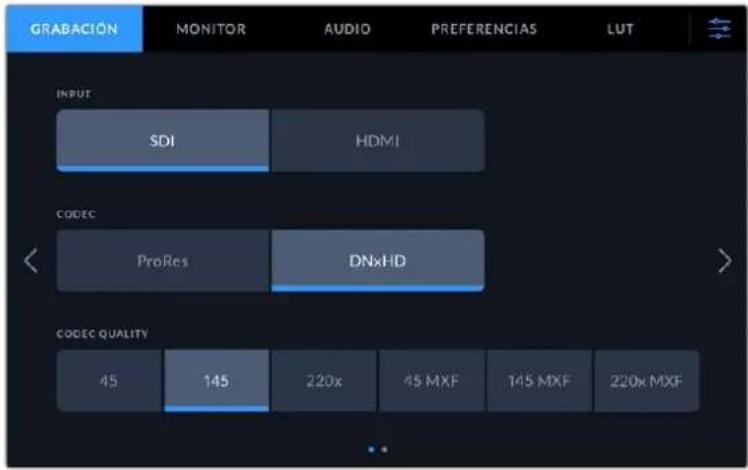 GRABACIÓN MONITOR AUDIO PREFERENCIAS LUT INPUT SDI HDMI CODEC ProRes DNxHD CODEC QUALITY 45 145 220x 45 MXF 145 MXF 220x MXF