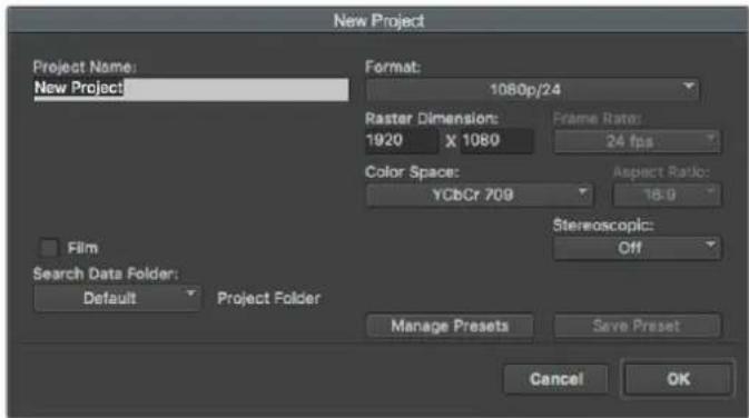 New Project Project Name: New Project Format: 1080p/24 Raster Dimension: 1920 X 1080 Frame Ratio: 24 fps Color Space: YCbCr 709 Aspect Ratio: 16:0 Film Search Data Folder: Default Project Folder Stereoscopic: Off Manage Presets Save Preset Cancel OK