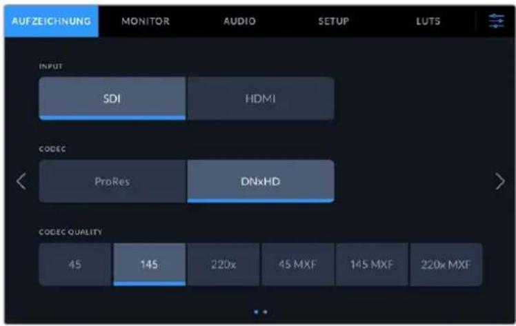 AUFZEICHNUNG MONITOR AUDIO SETUP LUTS INPUT SDI HDMI CODEC ProRes DNxHD CODEC QUALITY 45 145 220x 45 MXF 145 MXF 220x MXF