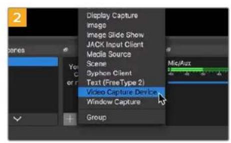 Display Capture Image Image Slide Show JACK Input Client Media Source Scene Syphon Client Text (FreeType 2) Video Capture Device Window Capture Group