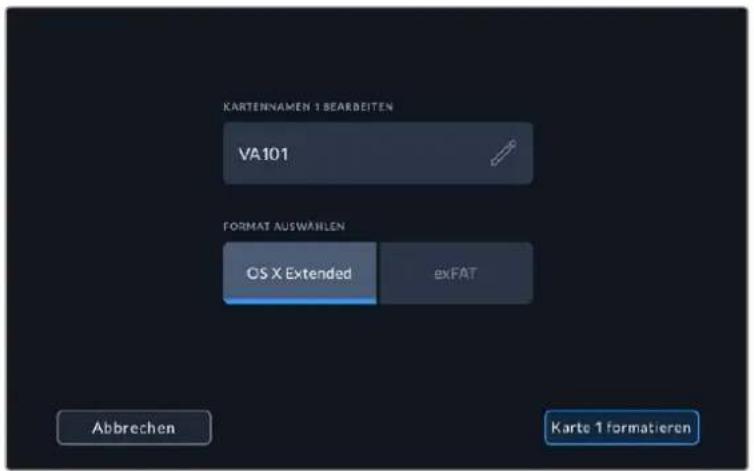 KARTENNAMEN 1 BEARBEITEN VA101 FORMAT AUSWAHLEN OS X Extended exFAT Abbrechen Karte 1 formatieren