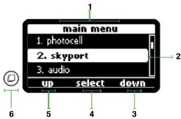 main menu 1. photocell 2. skyport 3. audio up select down 6 5 4 3