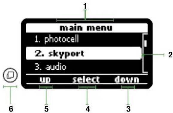 main menu 1. photocell 2. skyport 3. audio up select down 6 5 4 3