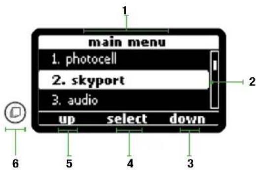 main menu 1. photocell 2. skyport 3. audio up select down 6 5 4 3