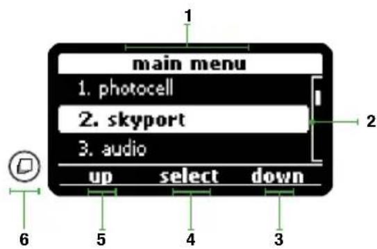 main menu 1. photocell 2. skyport 3. audio up select down 6 5 4 3