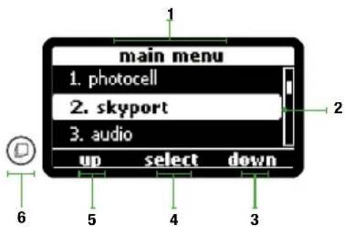 main menu 1. photocell 2. skyport 3. audio up select down 6 5 4 3