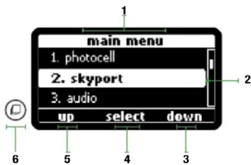 main menu 1. photocell 2. skyport 3. audio up select down 6 5 4 3