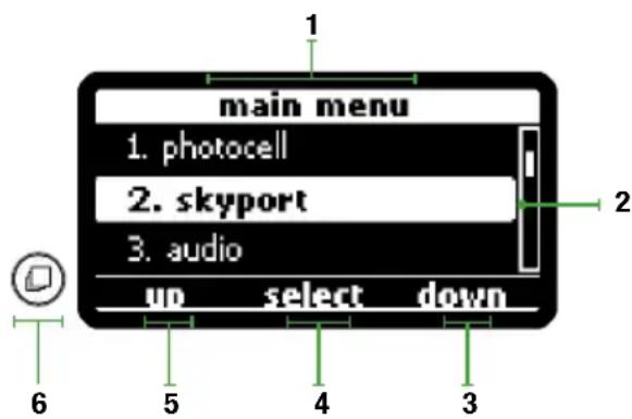 main menu 1. photocell 2. skyport 3. audio up select down 6 5 4 3