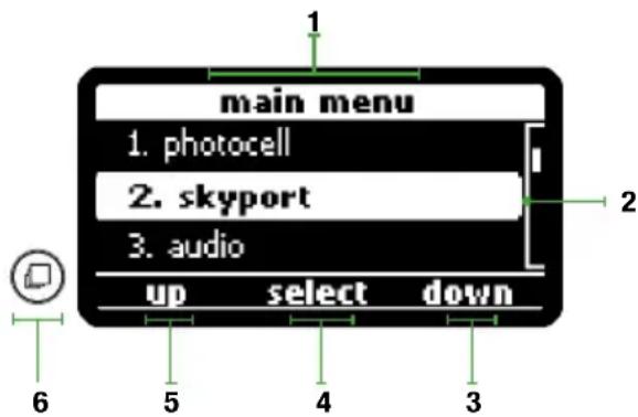 main menu 1. photocell 2. skyport 3. audio up select down 6 5 4 3