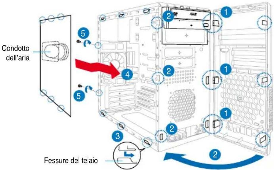 ASUS V3P5V900 - Rimozione dei coperchi degli alloggiamenti e reinstallazione dei pannelli anteriore e laterale - 2