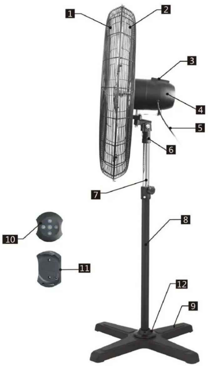 Labeled diagram of a desktop fan with numbered parts for identification and assembly reference.