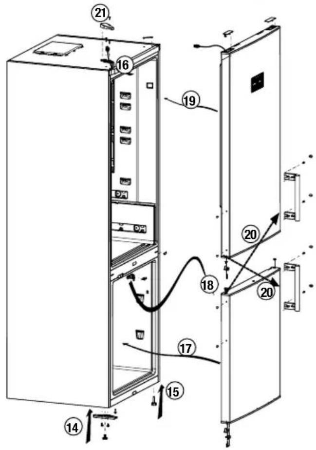 Technical diagram of an internal refrigerator with numbered components and wiring annotations