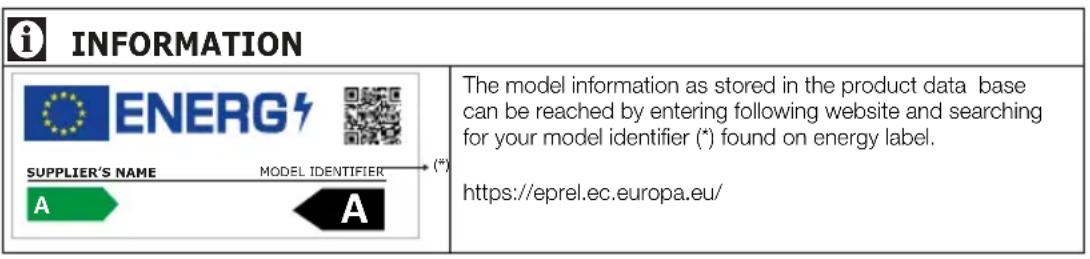 i INFORMATION ENERG SUPPLIER'S NAME MODEL IDENTIFIER A A (4) The model information as stored in the product data base can be reached by entering following website and searching for your model identifier (*) found on energy label. https://eprel.ec.europa.eu/