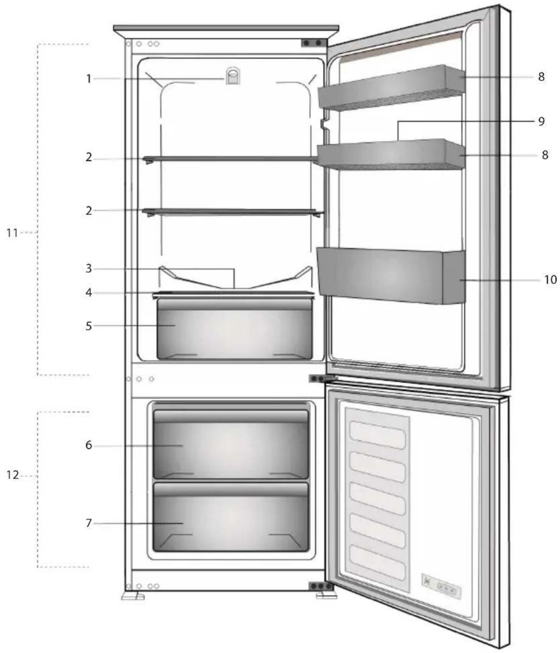 Technical diagram of a refrigerator with numbered compartments and labeled doors