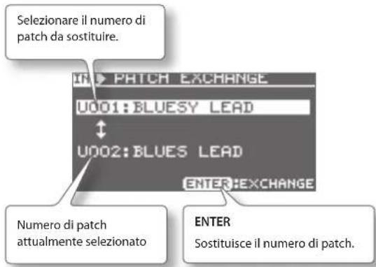 BOSS eBand JS10 - Nella schermata PATCH SELECT eseguire questa sequenza di passaggi: Pulsante [MENU] → "EXCHANGE" → Pulsante [ENTER]. - 1