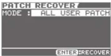 BOSS eBand JS10 - Volg deze stappen in het MENU > SYSTEM-scherm: "PATCH RECOVER" → [ENTER]-knop. - 1