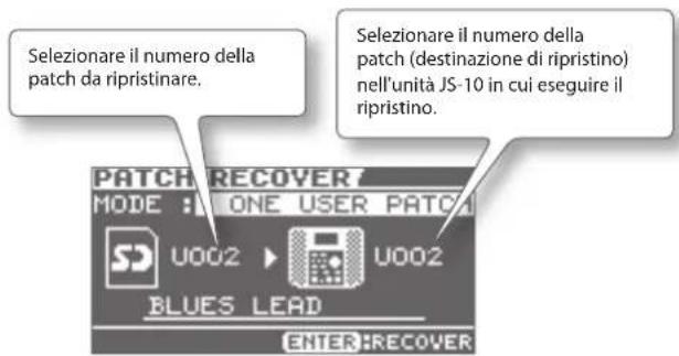 BOSS eBand JS10 - 2-1. Se si seleziona l'opzione ONE USER PATCH, specificare il numero di patch utente da ripristinare e quello della patch utente in cui eseguire il ripristino. - 1