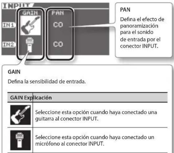 BOSS eBand JS10 - Siga la secuencia de pasos siguiente: Botón [MENU] → "AUDIO SETTING" → Botón [ENTER] → "INPUT" → Botón [ENTER]. - 1