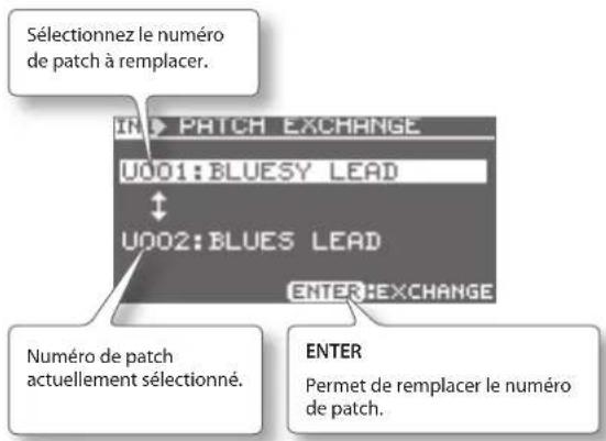 BOSS eBand JS10 - Dans l'écran PATCH SELECT, procédez comme suit : bouton [MENU] → « exchange » → bouton [ENTER]. - 1