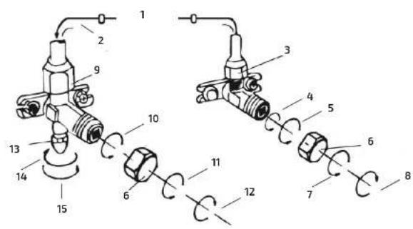 Technical diagram of a mechanical valve assembly with numbered parts and rotational indicators