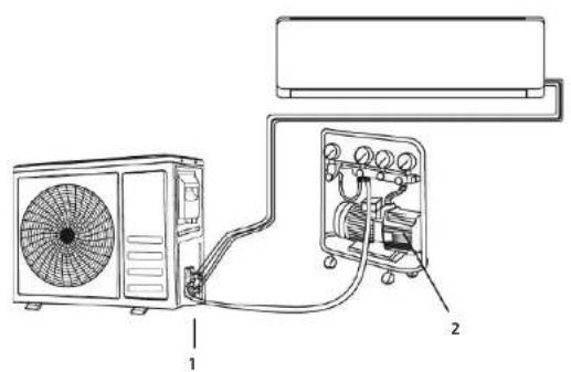 Technical diagram showing installation of an air conditioner unit connected to a wall-mounted control panel with labeled components.