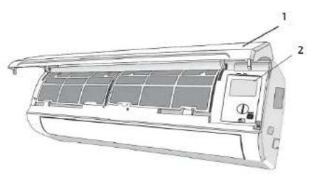 Technical diagram of an air conditioner unit with labeled components