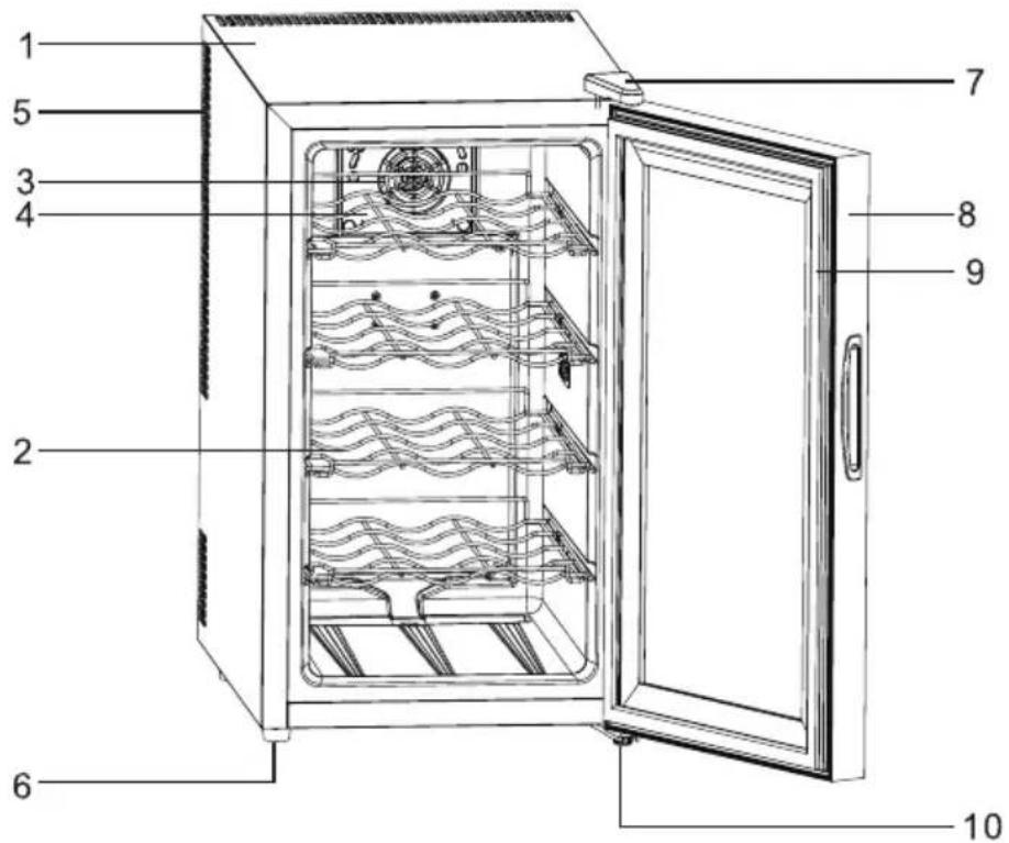 Labeled diagram of an open refrigerator interior with numbered parts for identification