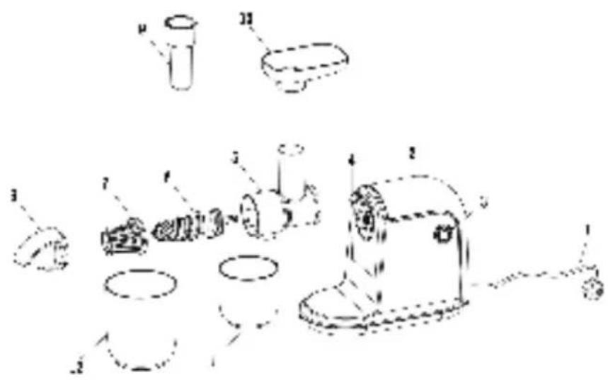 Technical diagram of a mechanical device with labeled components and exploded view