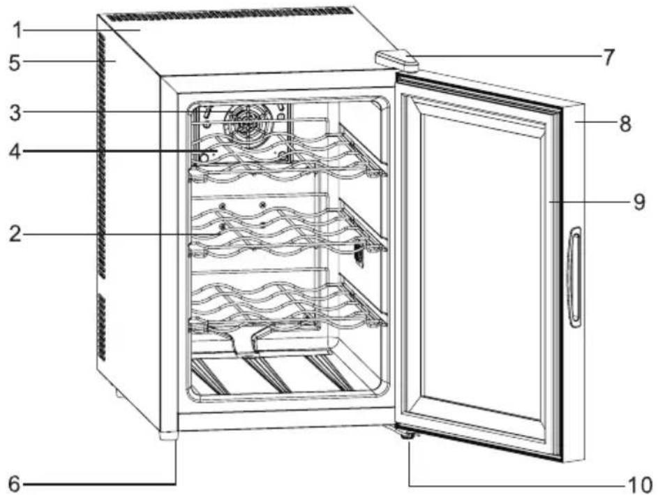 Technical diagram of an open refrigerator with numbered parts for identification