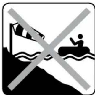 Prohibition sign with a cross over a boat and person in a boat, indicating no crossing or prohibition.