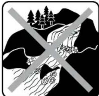 Black-and-white pictogram showing a cross over a river with trees and hills in the background, indicating a risk or prohibition symbol.