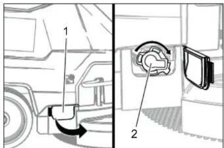Technical diagram showing a vehicle's internal components with labeled parts 1 and 2, including directional arrows indicating movement.