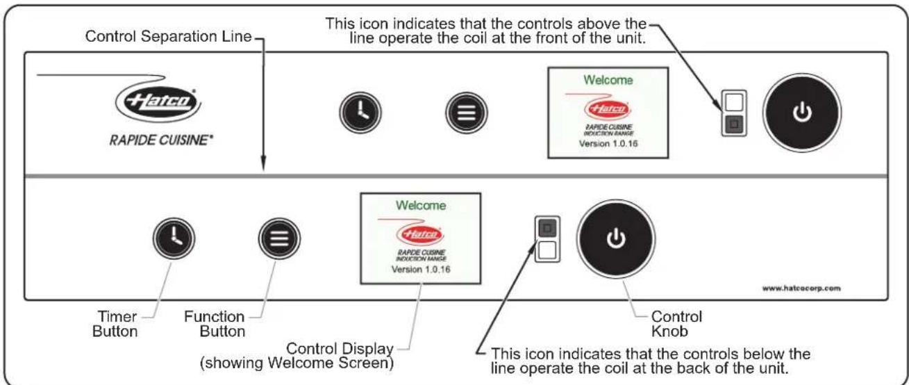 Control Separation Line This icon indicates that the controls above the line operate the coil at the front of the unit. RAPIDE CUISINE* Welcome RAPIDE CUISINE INDUCTION RANGE Version 1.0.16 Timer Button Function Button Control Display (showing Welcome Screen) Welcome RAPIDE CUISINE INDUCTION RANGE V…
