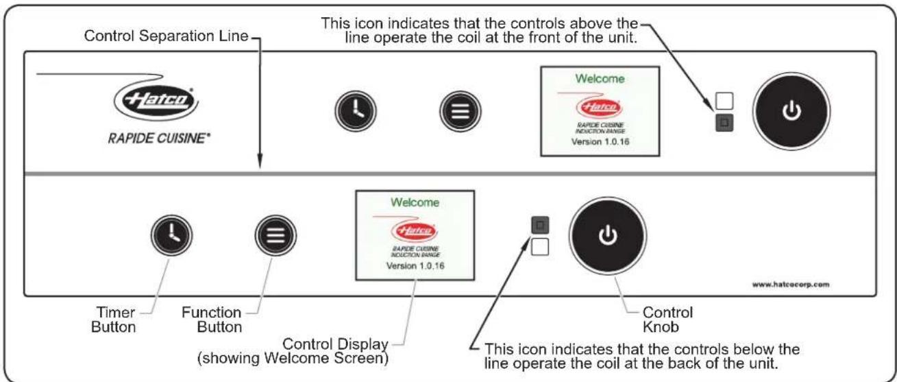 Control Separation Line This icon indicates that the controls above the line operate the coil at the front of the unit. RAPIDE CUISINE* Welcome RAPIDE CUISINE INDUCTION RANGE Version 1.0.16 Timer Button Function Button Control Display (showing Welcome Screen) This icon indicates that the controls below the line operate the coil at the back of the unit. Control Knob www.hatcocorp.com