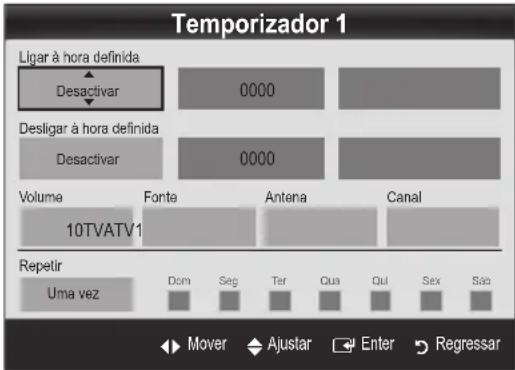 Temporizador 1 Ligar à hora definida Desactivar 0000 Desligar à hora definida Desactivar 0000 Volume Fonte Antena Canal 10TVATV1 Repetir Uma vez Dom Seg Ter Cua Qui Sex São Mover Ajustar Enter Regressar